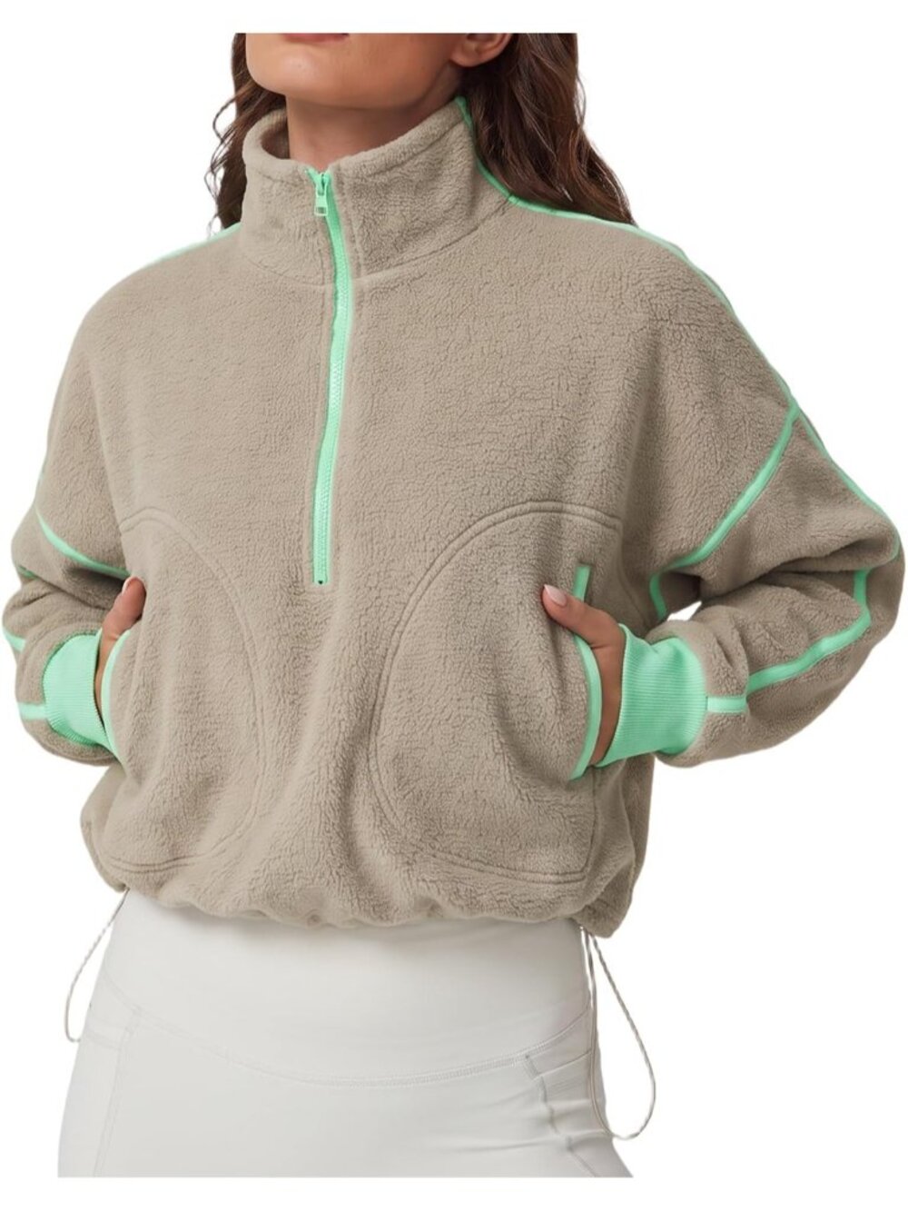 Women’s Camel Long Sleeve Half ZIP Pullover Cropped Sweatshirt Fleece Jacket